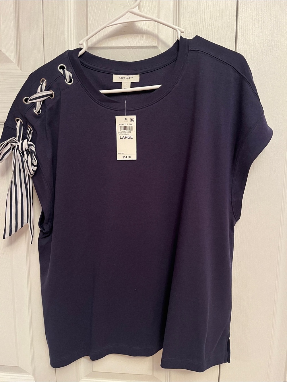 Macy's On 34th brand Navy Short Sleeve Top with Striped Lace-Up Shoulder Tie